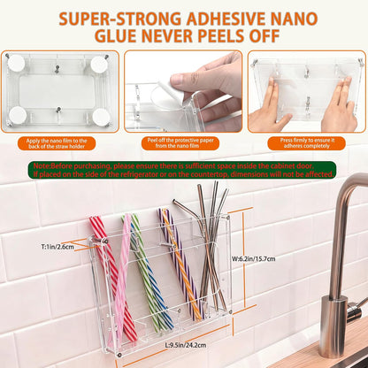 Straw Holder for Cabinet Door & Wall – Acrylic Straw Organizer Storage Box for Reusable Straws, Coffee Sticks, Space Saving Kitchen Organizer