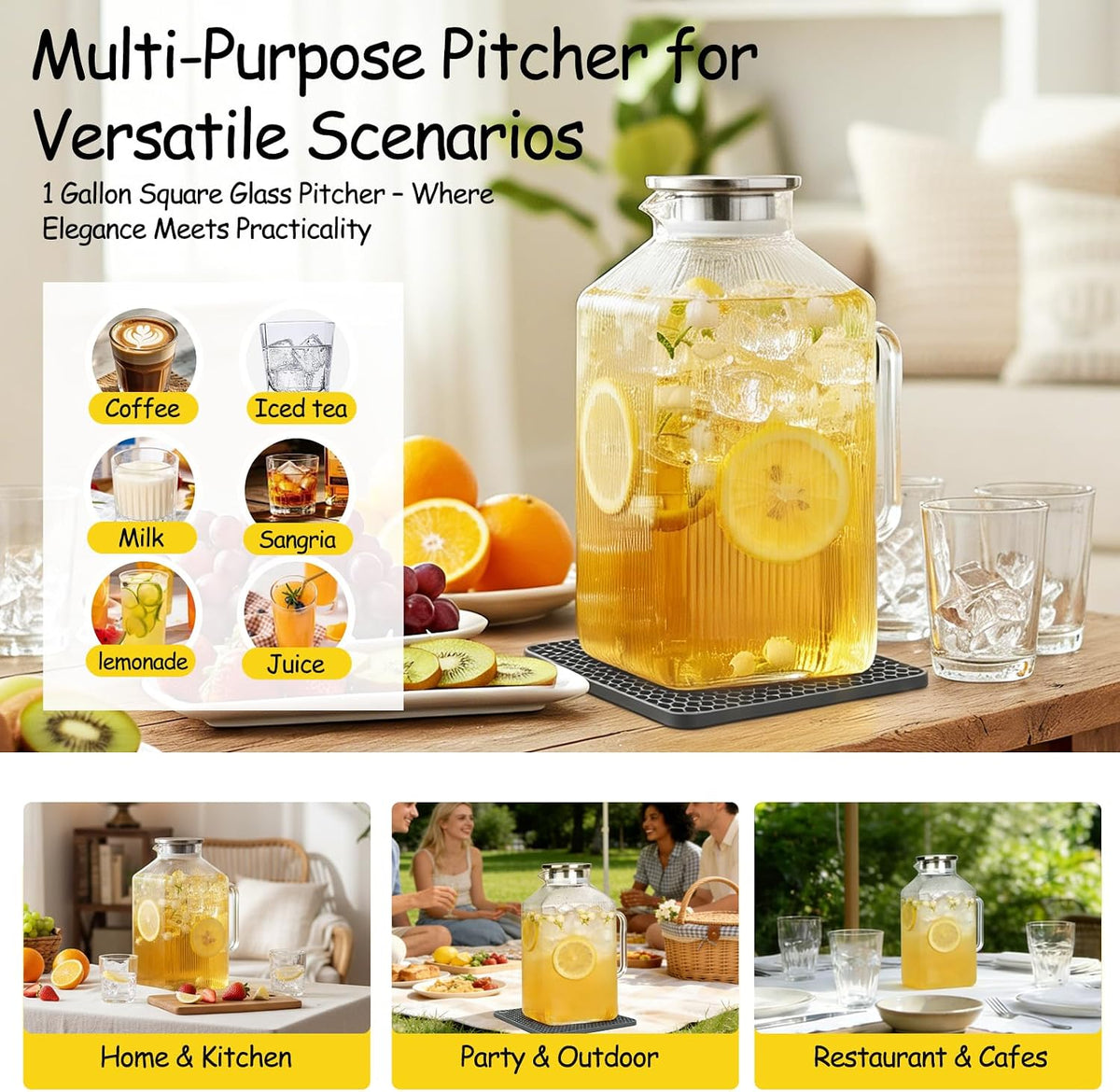 1 Gallon Glass Pitcher with Lid, Square Borosilicate Glass Carafe
