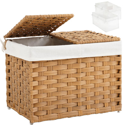 SETVSON Storage Basket with Lid Rattan Woven Storage Baskets with 2 Separate Lids, 17.2 Gallon (65 L), 22 x 13 x 13.8 Inches,Foldable, 2 Removable Liner Bags Handles for Bedroom, Laundry Room Natural