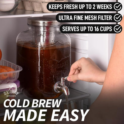 Zulay 1 Gallon/128oz Cold Brew Maker – Thick Glass Cold Brew Pitcher with Stainless Steel Filter, Lid & Spout – Large Cold Brew Coffee Maker - Iced Coffee & Sun Tea Pitcher for Fridge – Silver