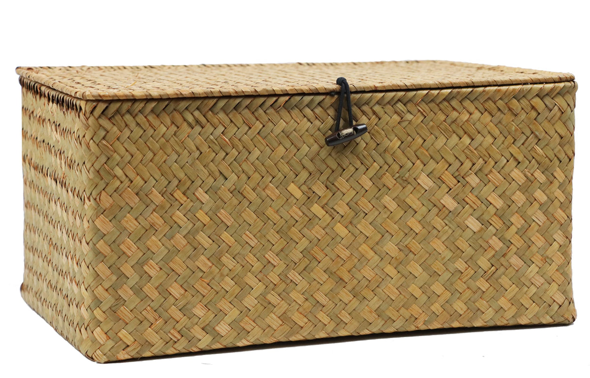 Set of 2 Wicker Basket with Lid, Seagrass Woven Basket for Storage