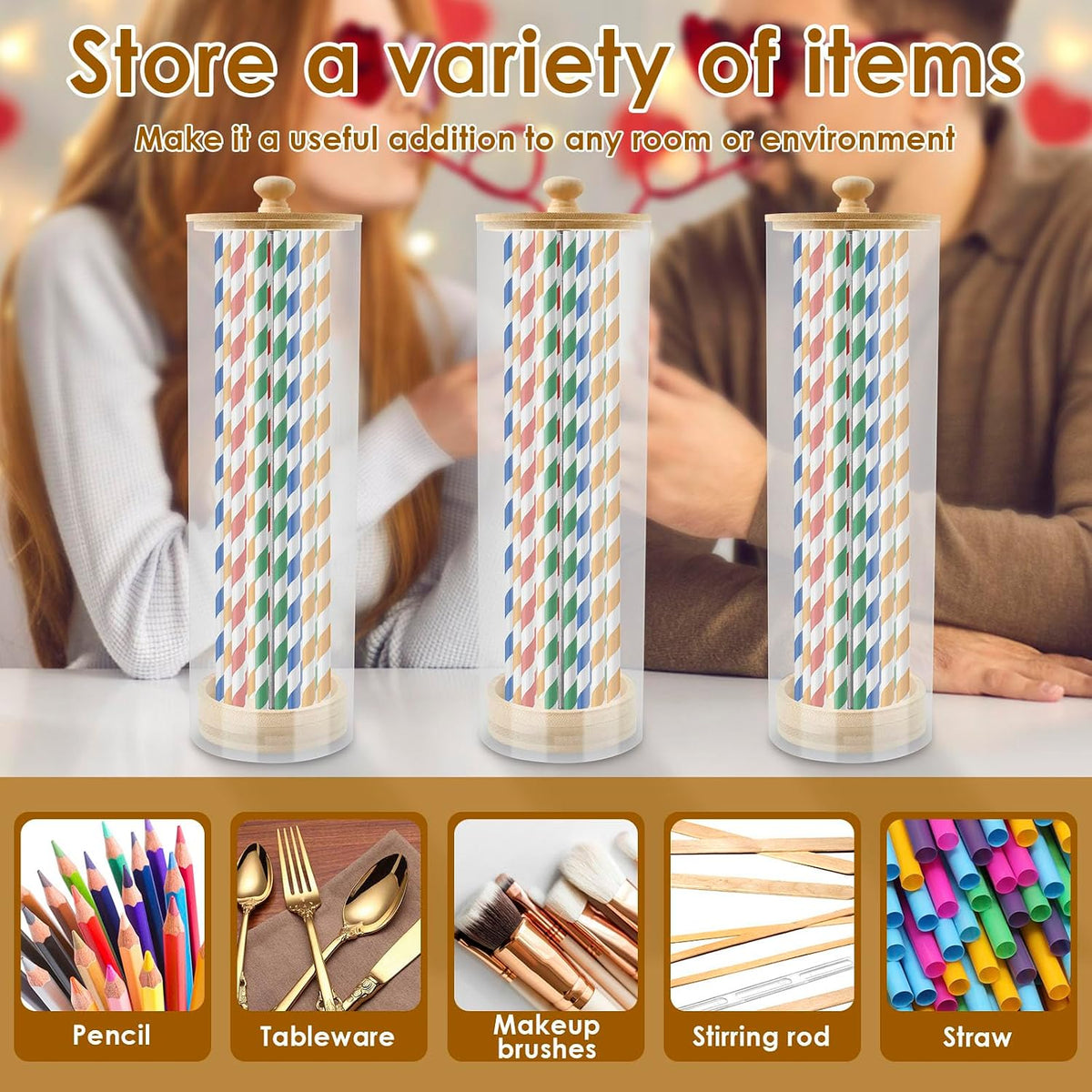Acrylic Straw Holder for 8.3 inch Standard Straws, Clear Drinking Straw Organizer, Tumbler Straw Container, Straw Storage Container Dispenser for Organizing Pen Cutlery Makeup Brush