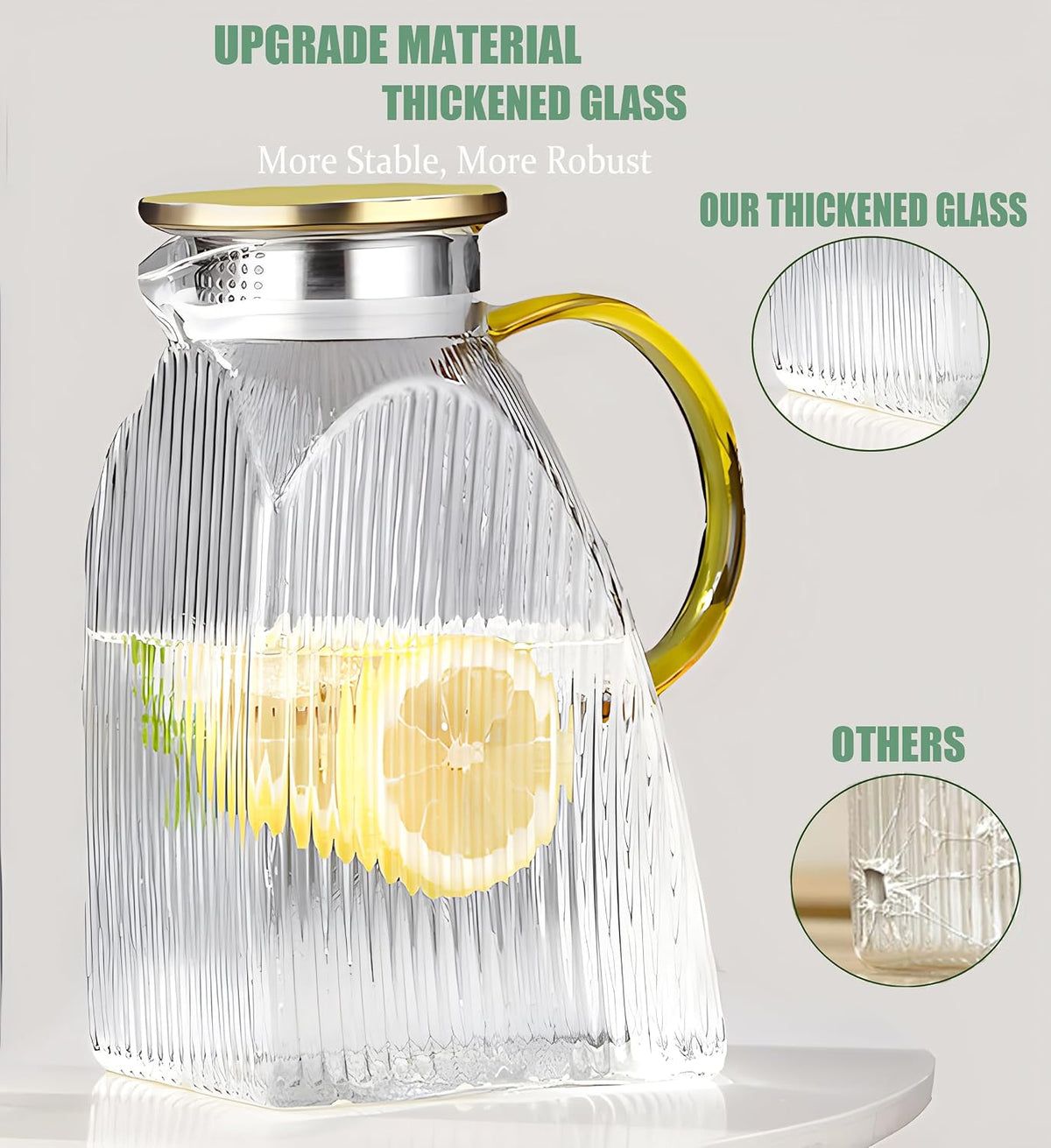 Water Pitcher Glass for Fridge, for 1.8L/63oz Fridge Door with Stainless Steel Lid, High Borosilicate Glass Carafe Pitcher for Hot or Cold Homemade Drinks