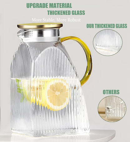 Water Pitcher Glass for Fridge, for 1.8L/63oz Fridge Door with Stainless Steel Lid, High Borosilicate Glass Carafe Pitcher for Hot or Cold Homemade Drinks