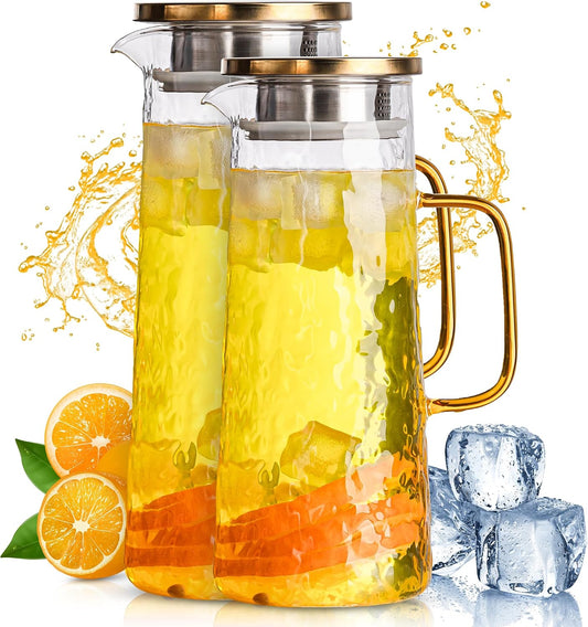 Glass Water Pitcher 2 Pack with Lid & Filter, 50 oz 1.5L Borosilicate Glass