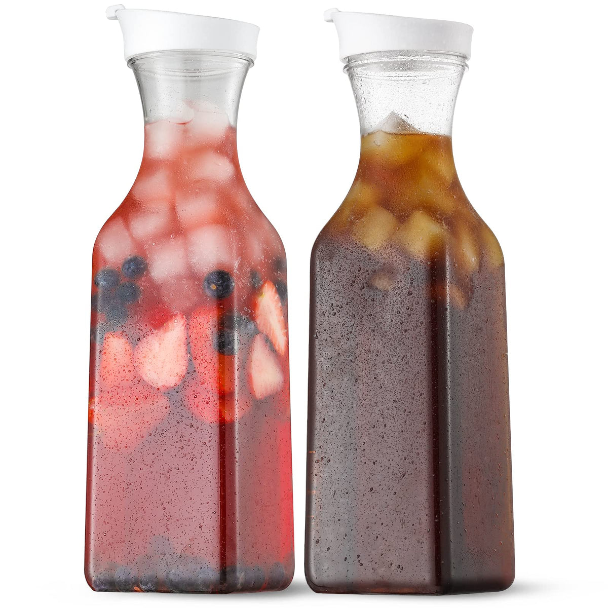 Plastic 8 PACK Large 50 Oz Water Carafe with Flip Top Lid, Square Base Juice Containers, Clear Plastic Pitcher - for Water, Iced Tea, Juice, Beverage, Milk, Cold Brew and Mimosa Bar - HAND WASH ONLY
