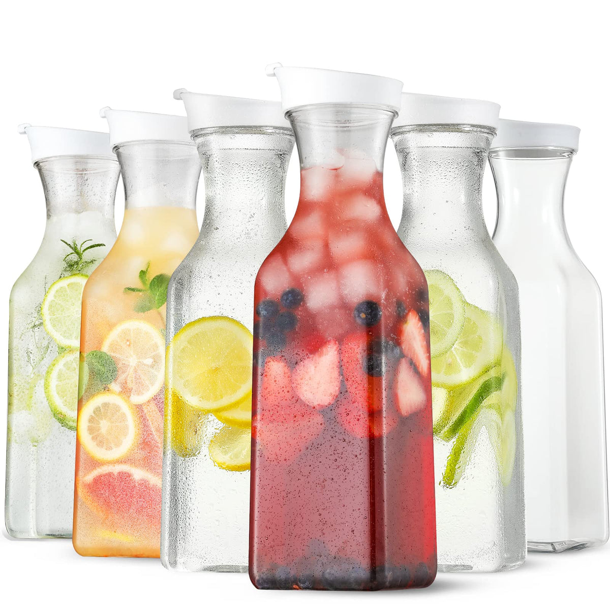 Plastic 8 PACK Large 50 Oz Water Carafe with Flip Top Lid, Square Base Juice Containers, Clear Plastic Pitcher - for Water, Iced Tea, Juice, Beverage, Milk, Cold Brew and Mimosa Bar - HAND WASH ONLY