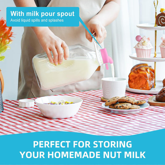 2 Pack 1/2 Gallon Glass Milk Bottles with Airtight Screw Lid & Handle & 2 Spouts - Heavy Duty Glass Water Bottles - Breastmilk Jug Pitcher with Scale Lines, Milk Container for Refrigerator Storage