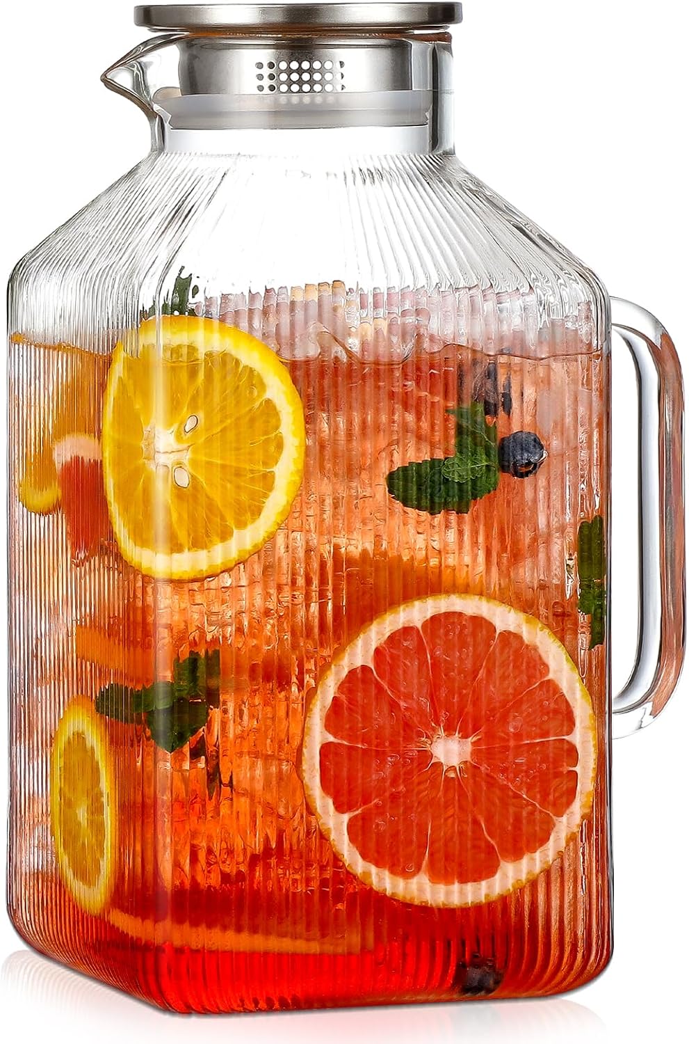 1 Gallon Square Classic Stripes Glass Pitcher with Lid, Pitchers for Fridge