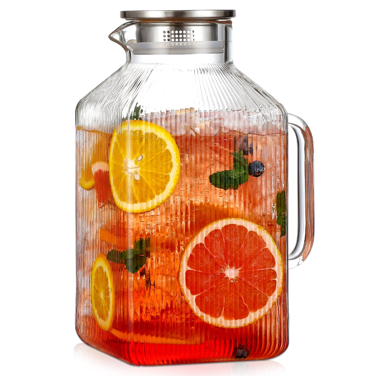 1 Gallon Square Classic Stripes Glass Pitcher with Lid, Pitchers for Fridge