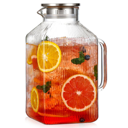 1 Gallon Square Classic Stripes Glass Pitcher with Lid, Pitchers for Fridge