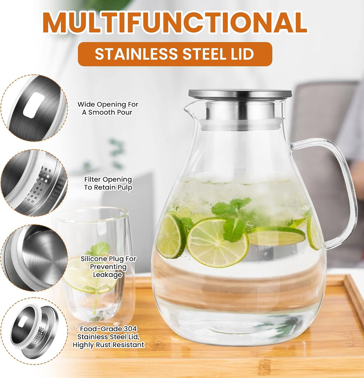 SUSTEAS 3 Litre 101oz Glass Pitcher with Lid and Spout, Handmade Pitcher