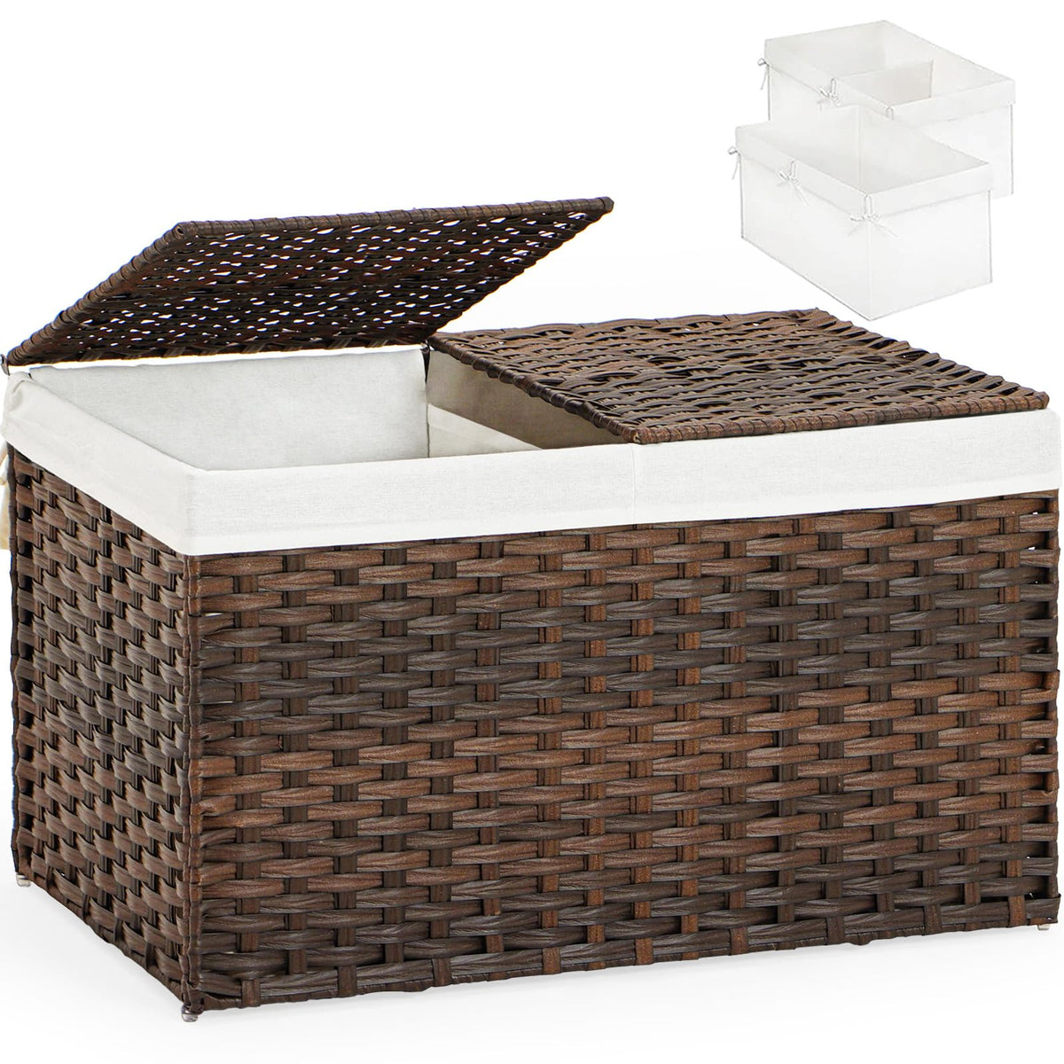 SETVSON Storage Basket with Lid Rattan Woven Storage Baskets with 2 Separate Lids, 17.2 Gallon (65 L), 22 x 13 x 13.8 Inches,Foldable, 2 Removable Liner Bags Handles for Bedroom, Laundry Room Natural