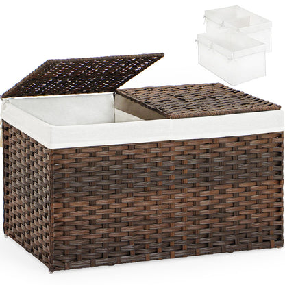 SETVSON Storage Basket with Lid Rattan Woven Storage Baskets with 2 Separate Lids, 17.2 Gallon (65 L), 22 x 13 x 13.8 Inches,Foldable, 2 Removable Liner Bags Handles for Bedroom, Laundry Room Natural
