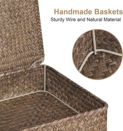 Set of 2 Flat Seagrass Storage Bins with Lid Wicker Storage Baskets for Organizing, Woven Shelf Organizer Bins Home Utility Organizer Box for Home & Office Supplies(Coffee)