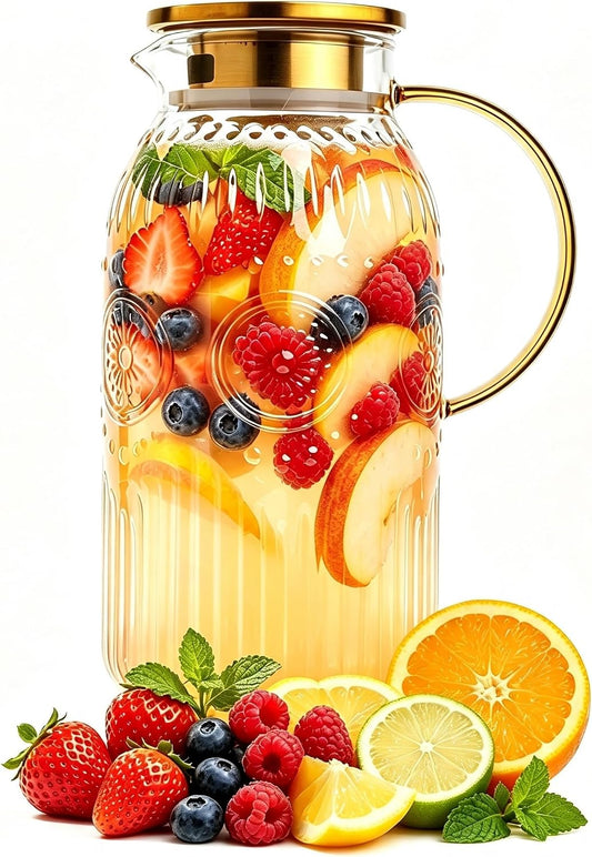 Amzcku Glass Pitcher with Lid 68oz 2L Vintage Water Carafe Beverage 1Pack