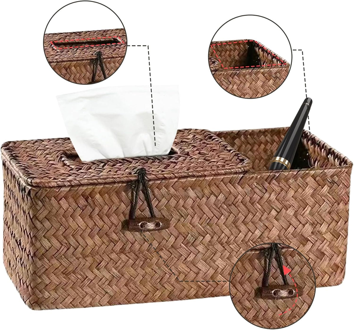 Tissue Box Covers Square Tissue Box Holder, Straw Woven Tissue Box Covers, Rustic Tissue Box with Side Storage Holder, Decorative Facial Tissue Holder for House Office Car Hotel, 24x12x9 Cm