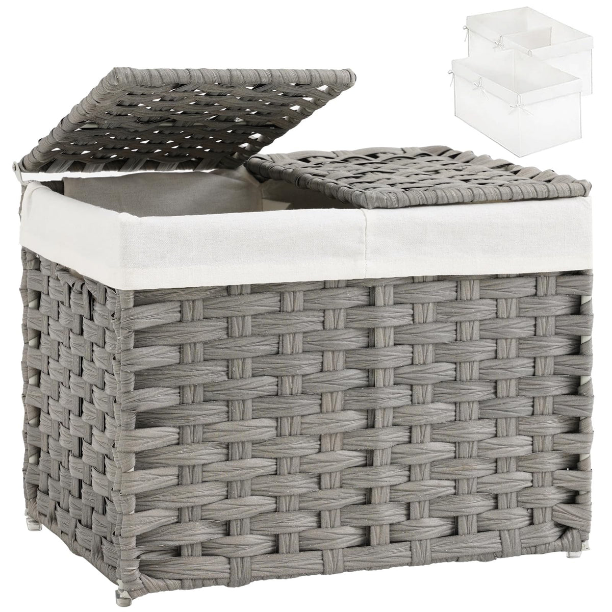 SETVSON Storage Basket with Lid Rattan Woven Storage Baskets with 2 Separate Lids, 17.2 Gallon (65 L), 22 x 13 x 13.8 Inches,Foldable, 2 Removable Liner Bags Handles for Bedroom, Laundry Room Natural