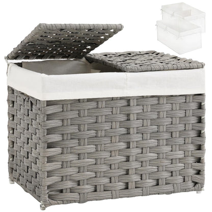 SETVSON Storage Basket with Lid Rattan Woven Storage Baskets with 2 Separate Lids, 17.2 Gallon (65 L), 22 x 13 x 13.8 Inches,Foldable, 2 Removable Liner Bags Handles for Bedroom, Laundry Room Natural
