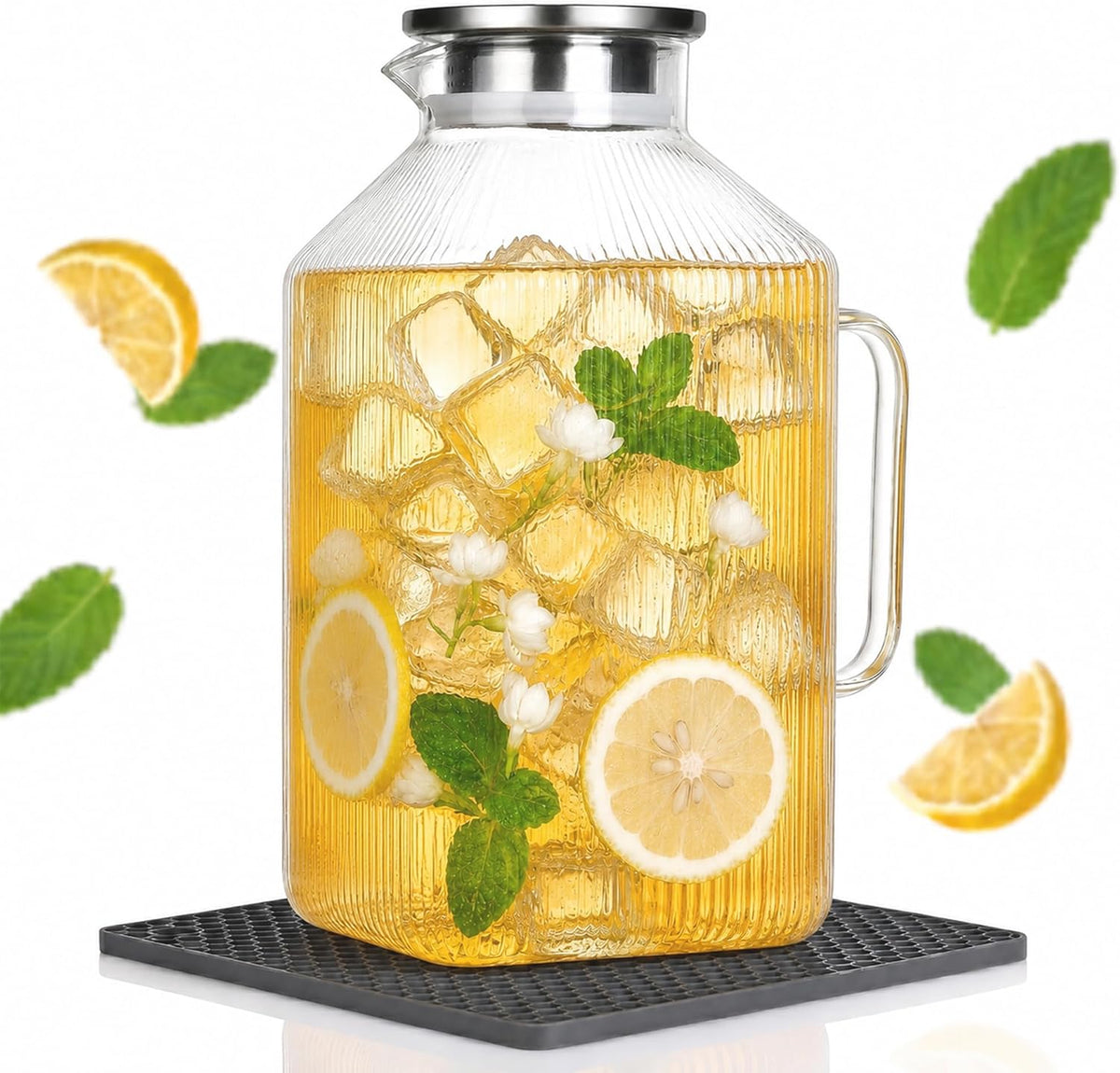 1 Gallon Glass Pitcher with Lid, Square Borosilicate Glass Carafe