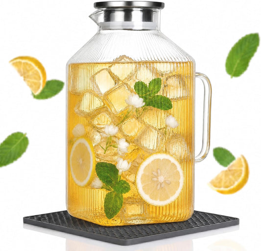 1 Gallon Glass Pitcher with Lid, Square Borosilicate Glass Carafe