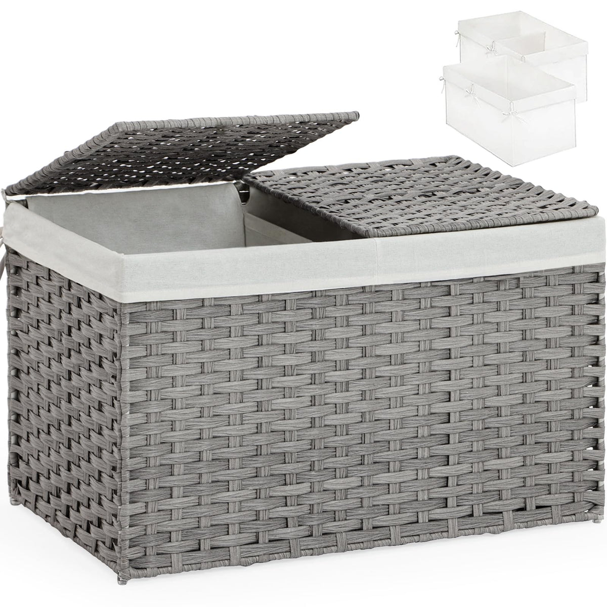 SETVSON Storage Basket with Lid Rattan Woven Storage Baskets with 2 Separate Lids, 17.2 Gallon (65 L), 22 x 13 x 13.8 Inches,Foldable, 2 Removable Liner Bags Handles for Bedroom, Laundry Room Natural