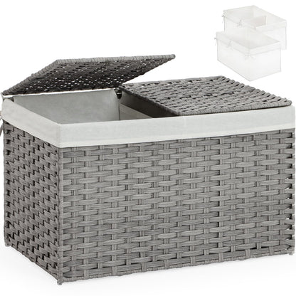 SETVSON Storage Basket with Lid Rattan Woven Storage Baskets with 2 Separate Lids, 17.2 Gallon (65 L), 22 x 13 x 13.8 Inches,Foldable, 2 Removable Liner Bags Handles for Bedroom, Laundry Room Natural