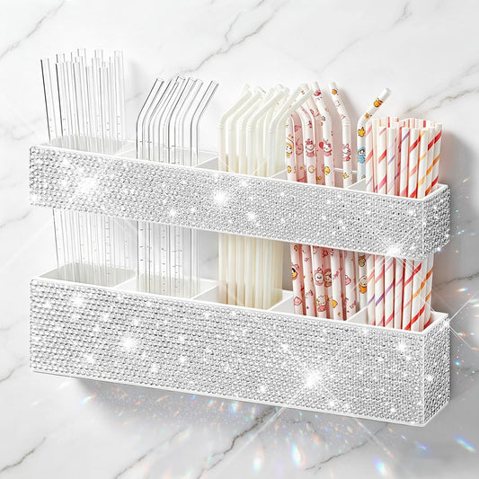 Bling 9.6” Large Acrylic Straw Holder for Cabinet Door, Reusable Adjustable Two-Part Glitter Straws Organizer, Sparkle Straw Storage with Ultra Sticky Adhesive Strips for Cupboard (White)