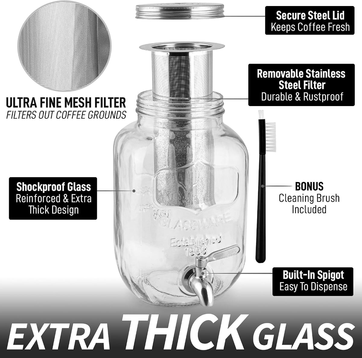 Zulay 1 Gallon/128oz Cold Brew Maker – Thick Glass Cold Brew Pitcher with Stainless Steel Filter, Lid & Spout – Large Cold Brew Coffee Maker - Iced Coffee & Sun Tea Pitcher for Fridge – Silver