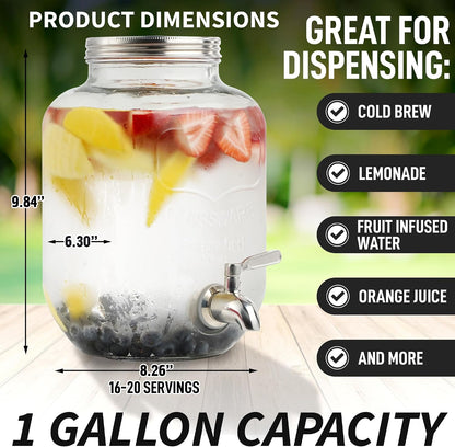 Zulay 1 Gallon/128oz Cold Brew Maker – Thick Glass Cold Brew Pitcher with Stainless Steel Filter, Lid & Spout – Large Cold Brew Coffee Maker - Iced Coffee & Sun Tea Pitcher for Fridge – Silver