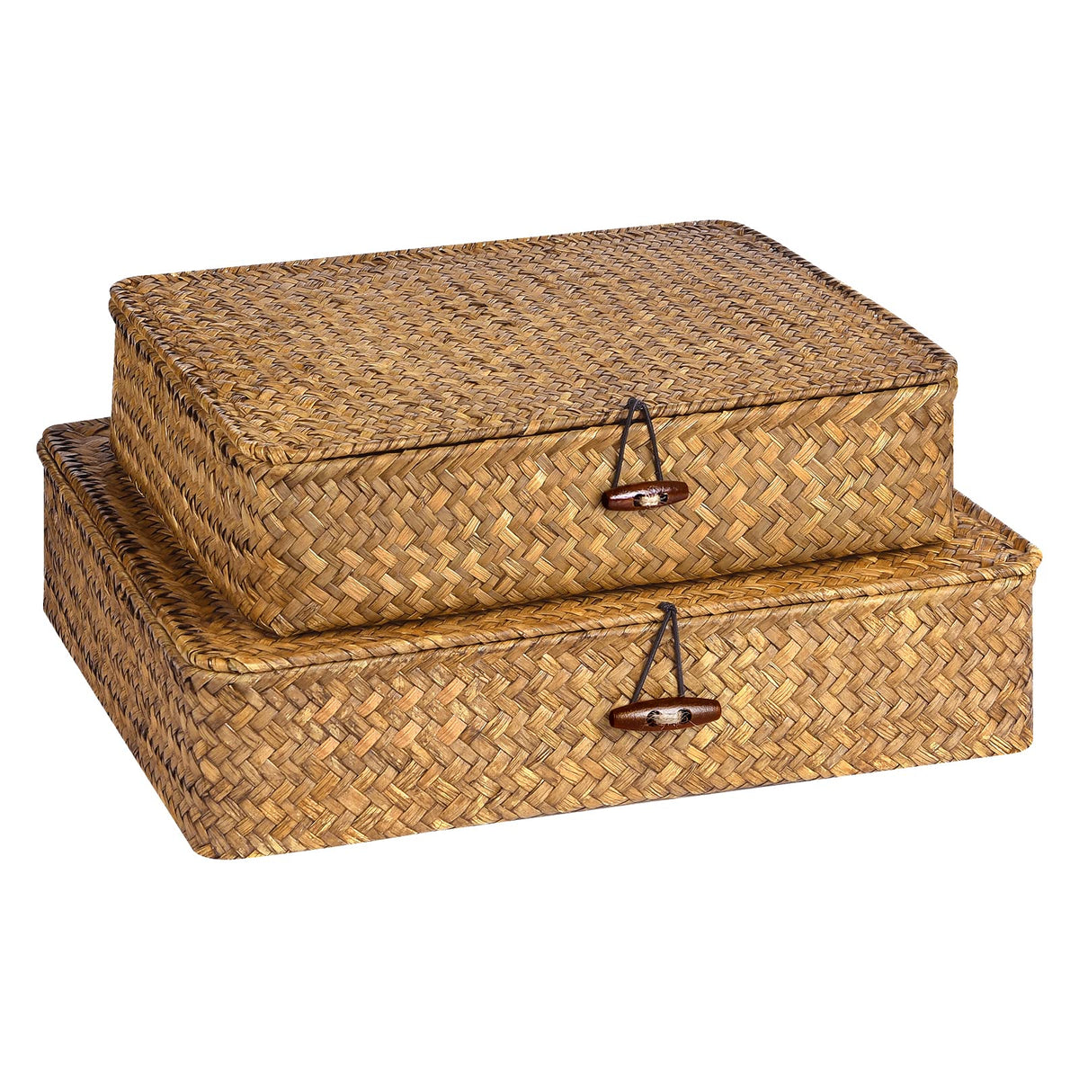 Set of 2 Flat Seagrass Storage Bins with Lid Wicker Storage Baskets for Organizing, Woven Shelf Organizer Bins Home Utility Organizer Box for Home & Office Supplies(Coffee)
