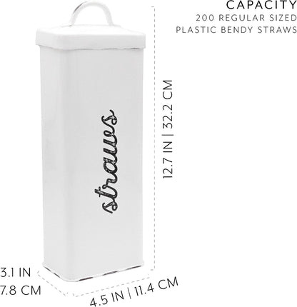 AuldHome Design Farmhouse Enamelware Straw Holder (White); Rustic Metal Straw Storage Canister