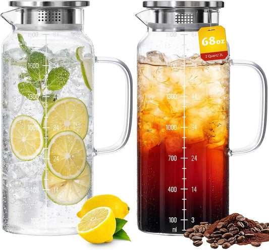 2-Pack Glass Pitcher with Lid, 68oz Borosilicate Carafe for Hot/Cold Drinks