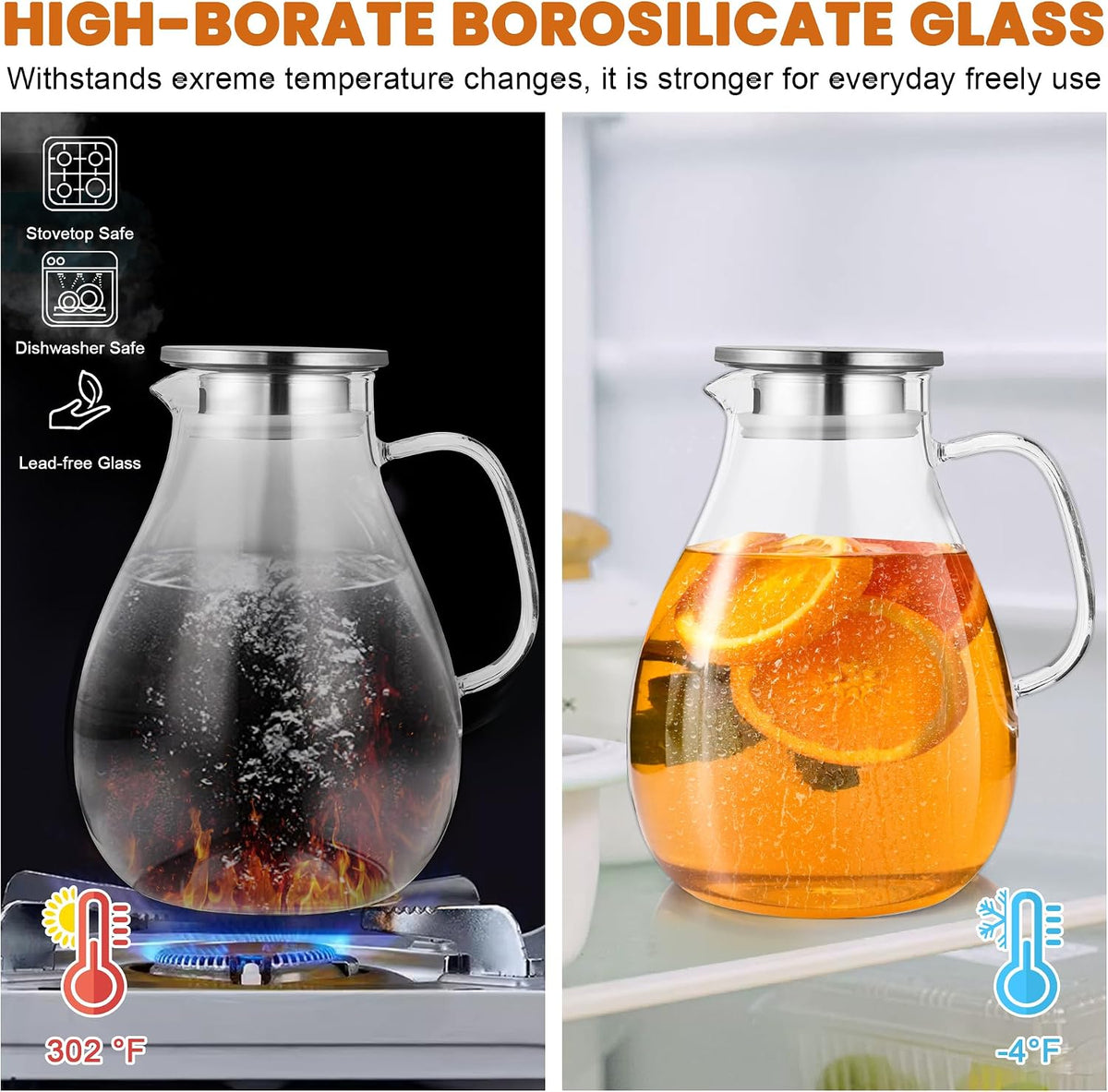 SUSTEAS 3 Litre 101oz Glass Pitcher with Lid and Spout, Handmade Pitcher