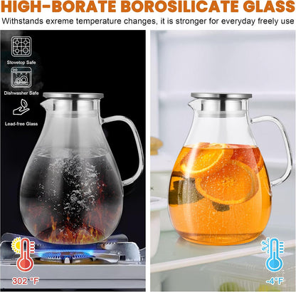 SUSTEAS 3 Litre 101oz Glass Pitcher with Lid and Spout, Handmade Pitcher