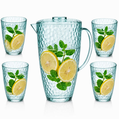 Water Pitcher and Cups Set, Plastic Pitcher with Lid, Iced Tea or Juice Jug