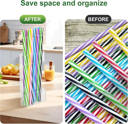 2 PACK Acrylic Straw Holder for Cabinet Doors, Reusable Straw Organizer with Ultra-Sticky Adhesive, Small Kitchen Accessories Container, Fits Both Short & Long Straws (Transparent)