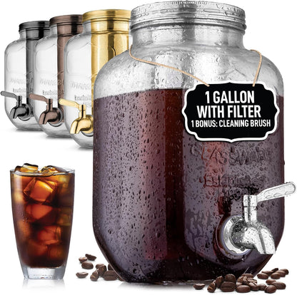 Zulay 1 Gallon/128oz Cold Brew Maker – Thick Glass Cold Brew Pitcher with Stainless Steel Filter, Lid & Spout – Large Cold Brew Coffee Maker - Iced Coffee & Sun Tea Pitcher for Fridge – Silver