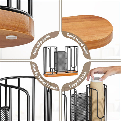 Coffee Cup and Lids Holder - 8oz-24oz Disposable Cups Organizer Wooden Base