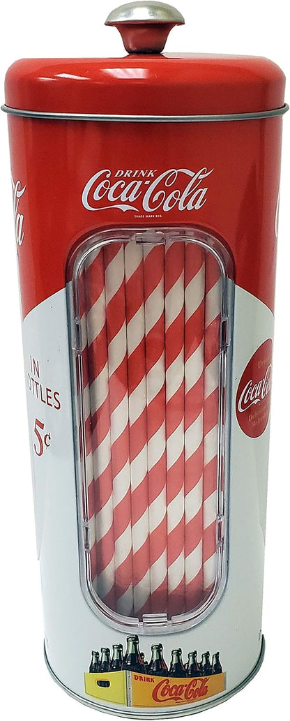 The Tin Box Company Coke Straw Holder Tin with 20 Paper Straws Inside, 3-3/8 x 8-1/4"H, Red and White (771517-12) - Good for 8" Straws or less