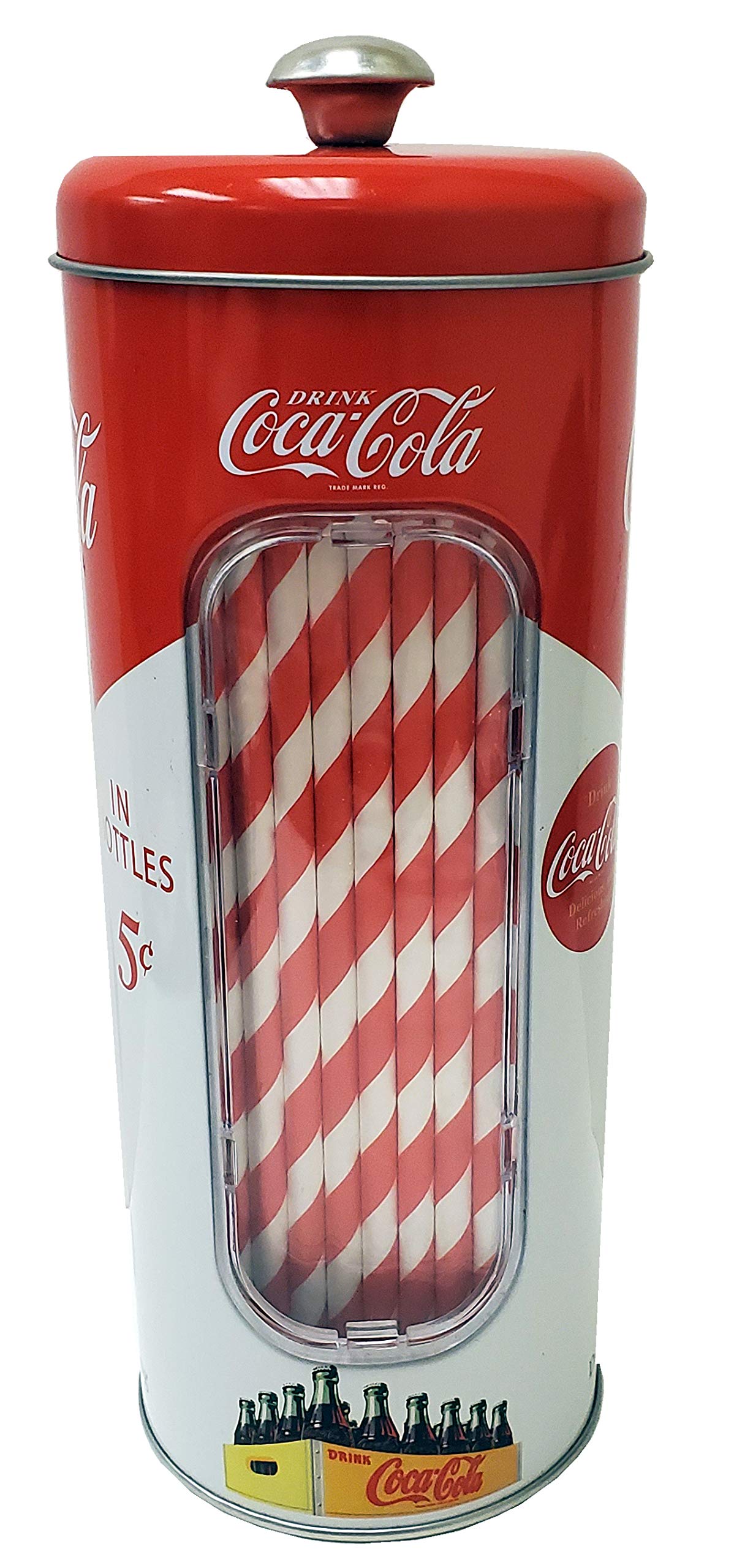 The Tin Box Company Coke Straw Holder Tin with 20 Paper Straws Inside, 3-3/8 x 8-1/4"H, Red and White (771517-12) - Good for 8" Straws or less