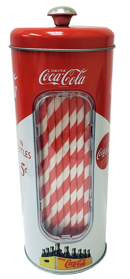 The Tin Box Company Coke Straw Holder Tin with 20 Paper Straws Inside, 3-3/8 x 8-1/4"H, Red and White (771517-12) - Good for 8" Straws or less