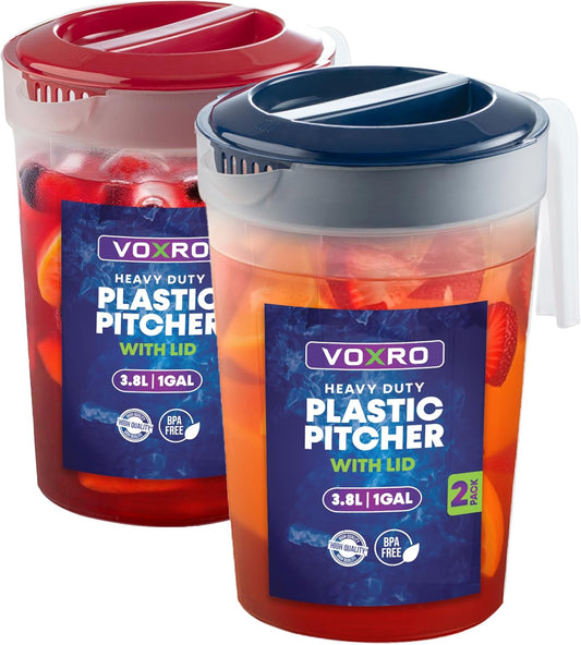 2-Pack 1-Gallon Water Pitchers with Lids, BPA-Free Plastic