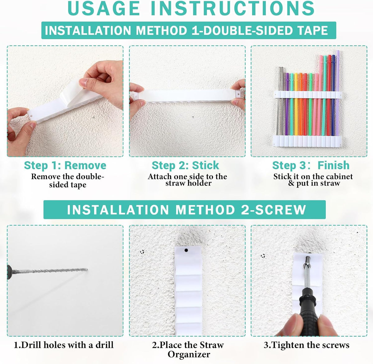 Baderke Straw Holder for Cabinet Reusable Straw Organizer, White, Classic
