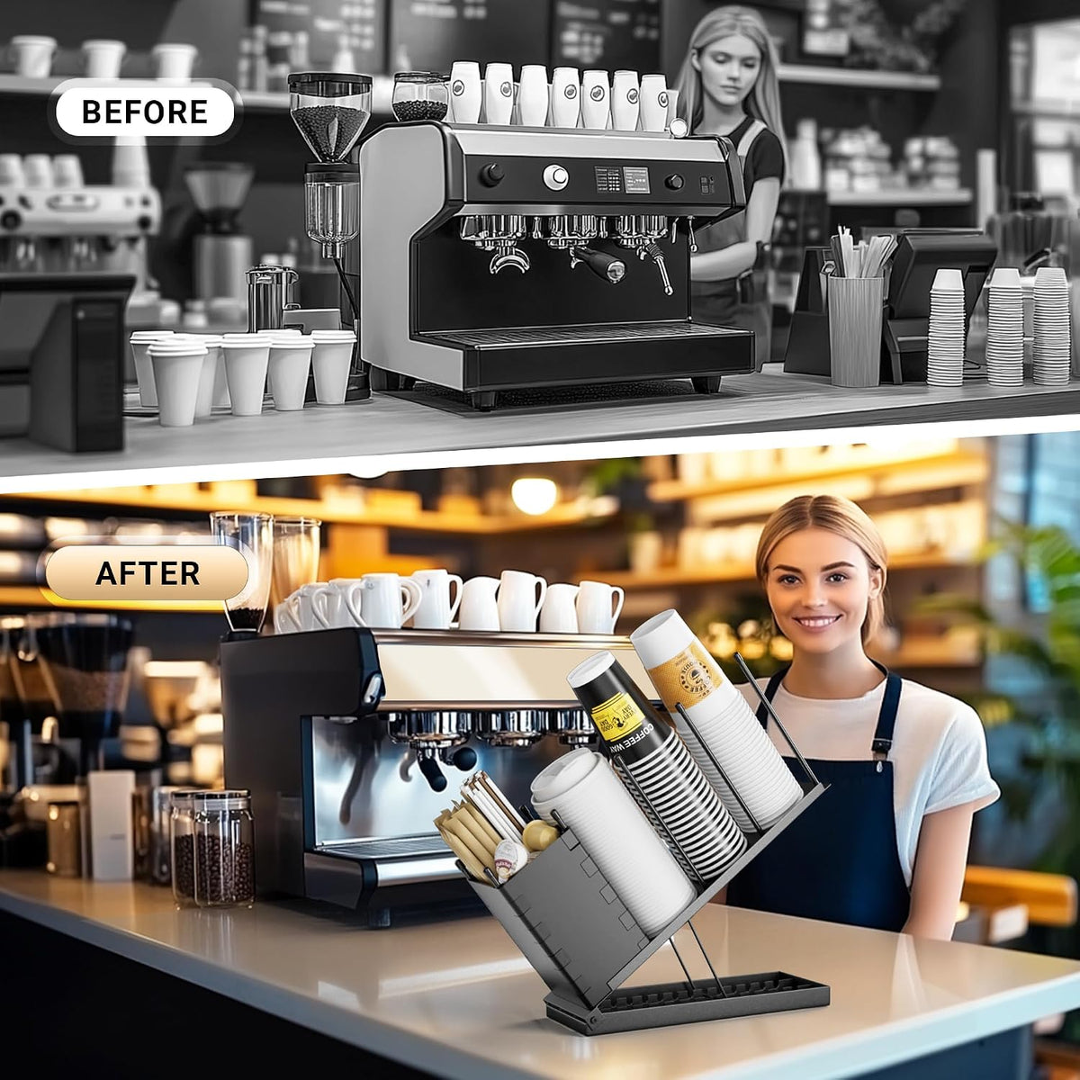 Dunatou Adjustable Cup and Lid Holder with Straw Holder & Storage Box – 4-Compartment Coffee Cup Organizer Dispenser for Countertop, Office Coffee Bar Station, Ninja Slushi Machine, Dirty Soda Bar