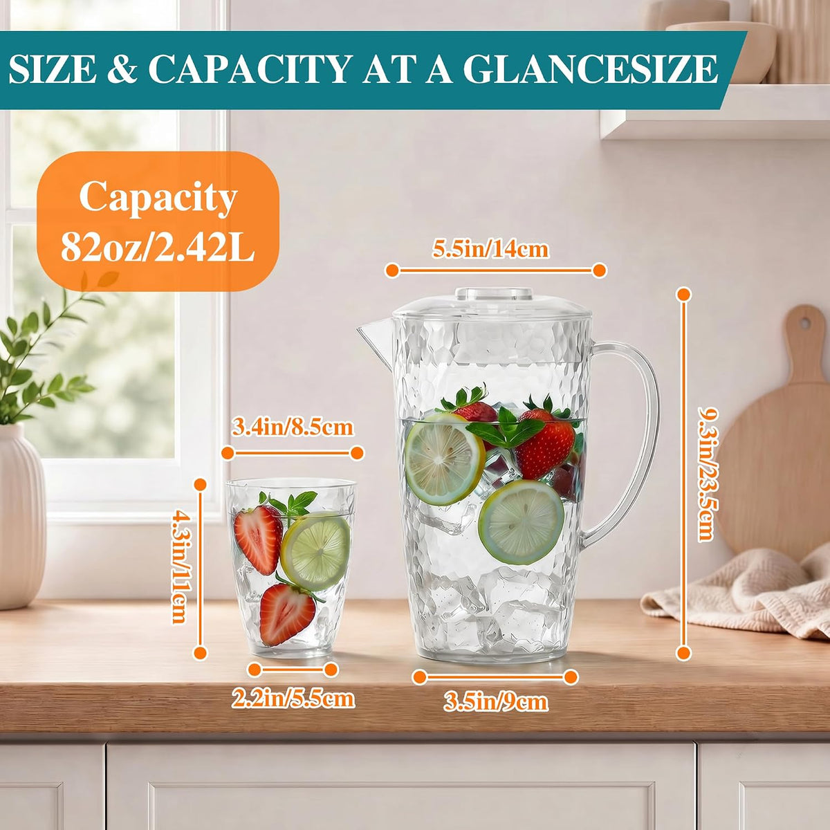 Water Pitcher with 4 Tumblers, 2.4L BPA-Free Pitcher