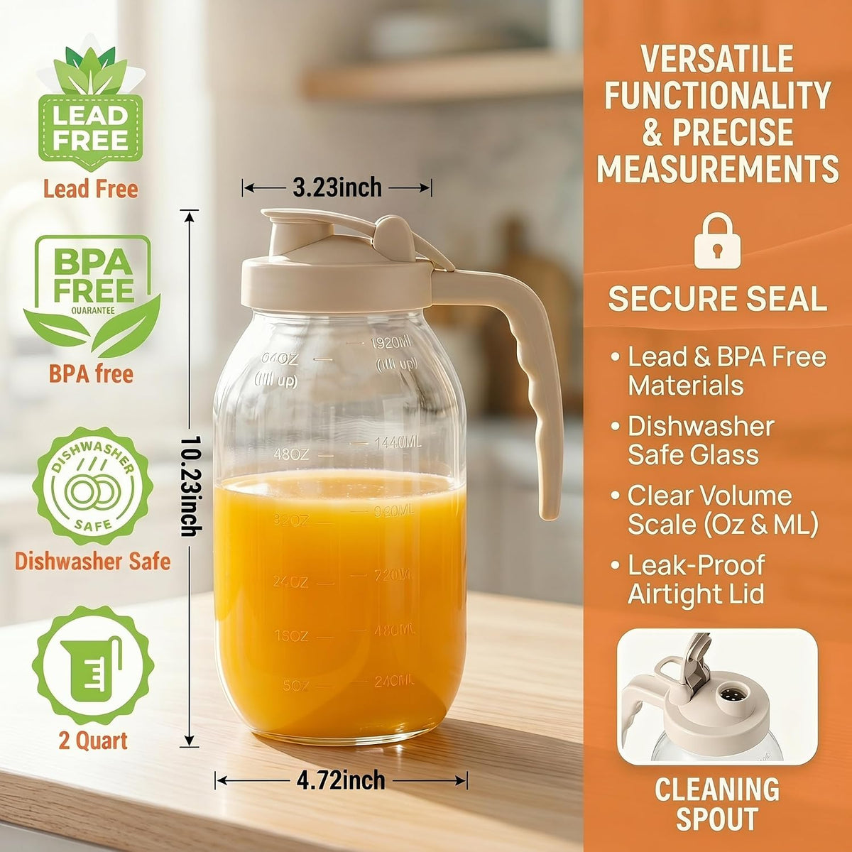 YORY 2-Quart Glass Pitcher with Filter Lid for Juice & Tea, 64oz