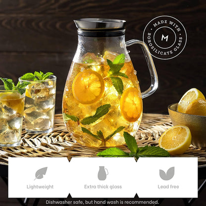 84- OZ Glass Pitcher With Stainless Steel Lid | Beautiful Lightweight Beverage Jug Carafe With A Wide Handle | Great For Cold & Hot Drinks Like Tea, Lemonade, Juice, Water, Coffee, Cold Brew
