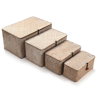 4 Pack, Wicker Baskets with Lids, Natural Seagrass Storage Baskets, Woven Rectangular Basket Bins, Rattan Storage Organizer for Shelf