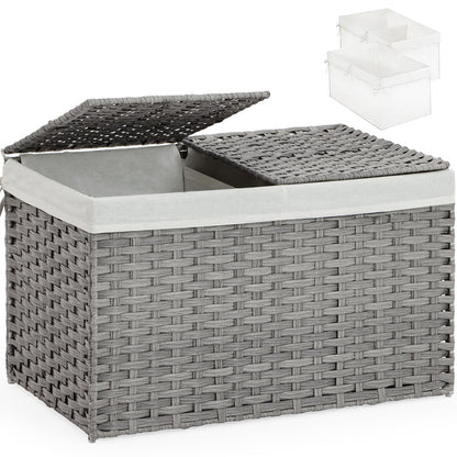 SETVSON Storage Basket with Lid Rattan Woven Storage Baskets with 2 Separate Lids, 17.2 Gallon (65 L), 22 x 13 x 13.8 Inches,Foldable, 2 Removable Liner Bags Handles for Bedroom, Laundry Room Natural